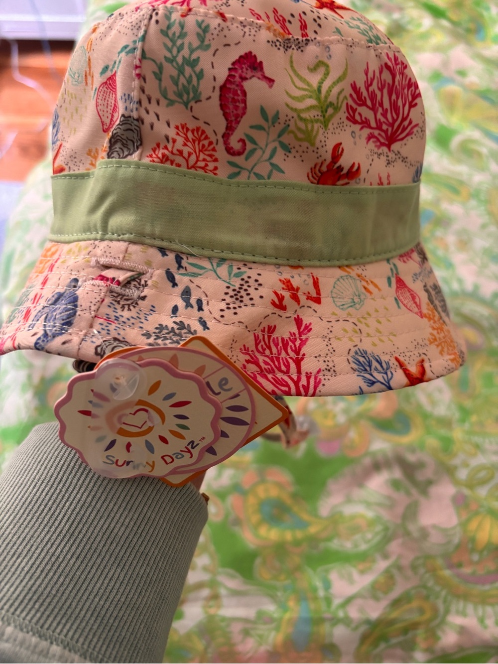 Baby Ocean Print Bucket Hat with Mint Band and tie